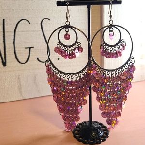 Chandelier Earrings Light Pink Sequins Glitter Shine Iridescent